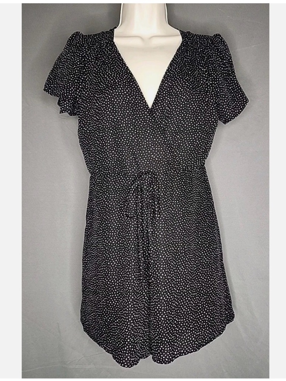 Altar'd State Short Sleeve Faux Wrap Romper - Black with Tiny White Polka-Dots S